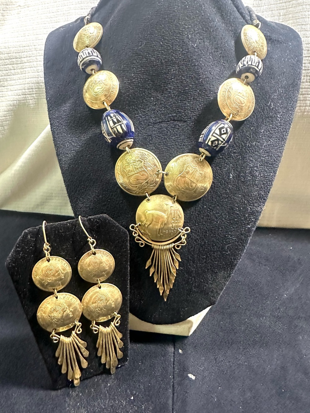 Vtg: Peruvian Brass & Ceramic Coin Necklace & Earring Set